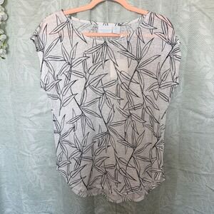 Cynthia Rowley Womens White Black Linen Botanical Leaf Print Knit Top Small NWT